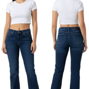 Modelo de Jeans de mujer Bota Recta Levanta Cola, color Azul Medio vista frontal y posterior