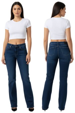 Modelo de Jeans de mujer Bota Recta Levanta Cola, color Azul Medio vista frontal y posterior