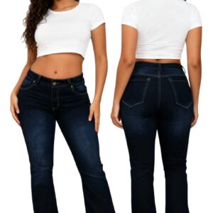 Modelo de Jeans de mujer Bota Recta Levanta Cola, color Azul Índigo Oscuro vista frontal y posterior