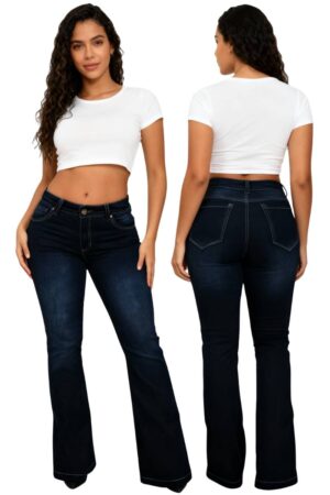 Modelo de Jeans de mujer Bota Recta Levanta Cola, color Azul Índigo Oscuro vista frontal y posterior