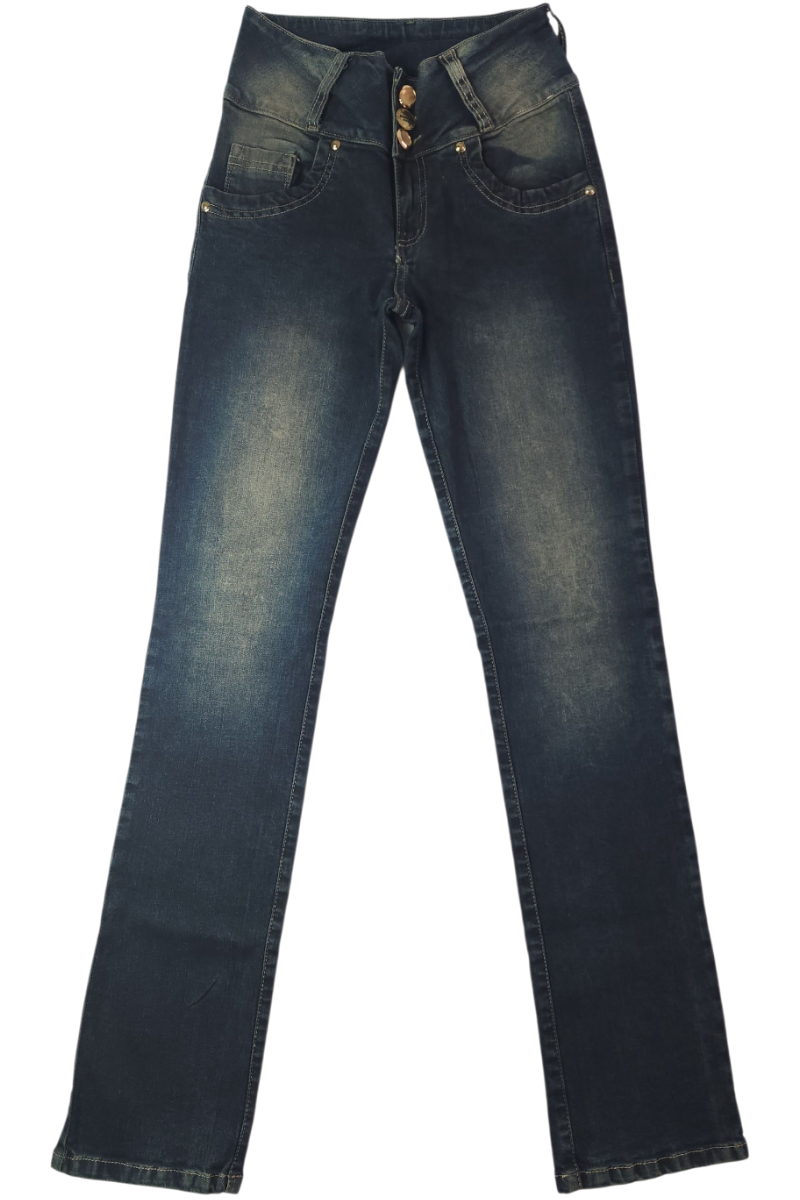 Jeans de mujer bota recta azul oscuro licrado vista plana frontal