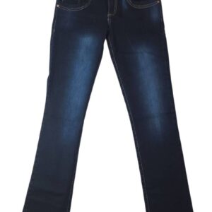 Jeans de mujer bota recta pretina ancha 3 botones azul oscuro licrado vista plana frontal