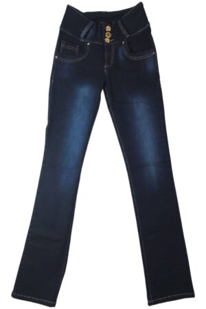 Jeans de mujer bota recta pretina ancha 3 botones azul oscuro licrado vista plana frontal