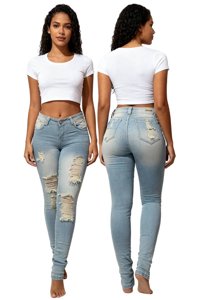 Modelo usando jeans Skinny Fit vista trasera de la bota