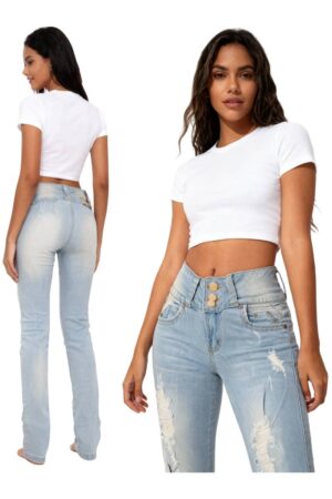 Modelo Jeans de mujer Super Skinny Fit con rotos, pretina ancha 3 botones y Levanta Cola vista frontal y posterior