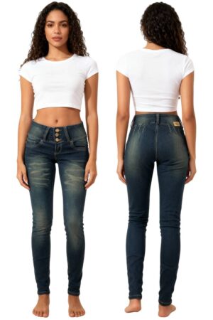 Primer plano de la pretina ancha de tres botones de los jeans de mujer