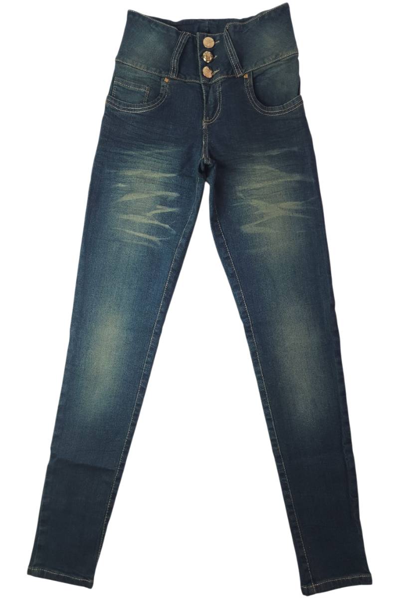 Jeans de mujer corte Slim Fit licrado pretina ancha de tres botones vista plana frontal