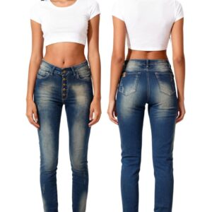 Modelo de Jeans de mujer Skinny Fit Abotonado con rotos, efecto Levanta Cola vista frontal y posterior