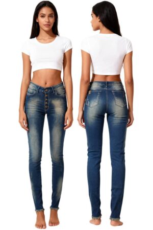 Modelo de Jeans de mujer Skinny Fit Abotonado con rotos, efecto Levanta Cola vista frontal y posterior