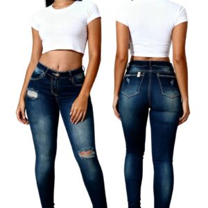 Modelo de Jeans de mujer Skinny Fit con rotos, efecto Levanta Cola vista frontal y posterior