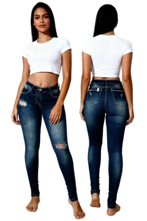 Modelo de Jeans de mujer Skinny Fit con rotos, efecto Levanta Cola vista frontal y posterior