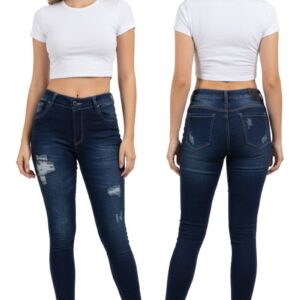 Modelo de Jeans de mujer Skinny Fit color Azul Petróleo, rotos y Levanta Cola vista frontal y posterior