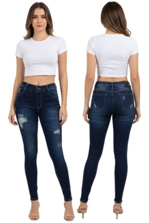 Modelo de Jeans de mujer Skinny Fit color Azul Petróleo, rotos y Levanta Cola vista frontal y posterior