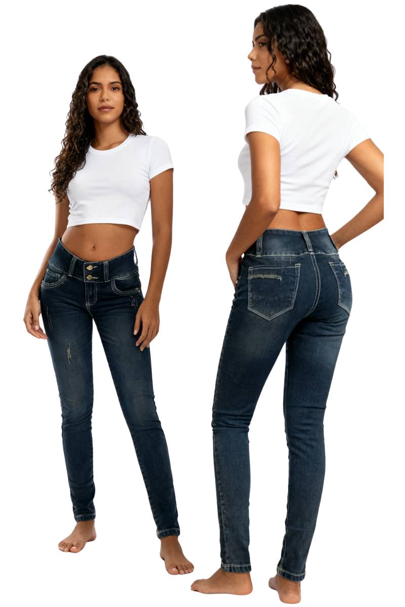 Modelo de Jeans Skinny Fit con rotos, Pretina Ancha de 2 Botones, Dirty Oscuro, vista frontal y posterior