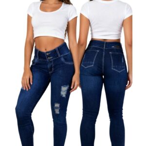 Modelo de Jeans de mujer Skinny Fit con rotos, Pretina Ancha de 2 Botones, Azul Oscuro, vista frontal y posterior