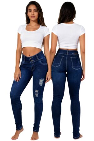 Modelo de Jeans de mujer Skinny Fit con rotos, Pretina Ancha de 2 Botones, Azul Oscuro, vista frontal y posterior