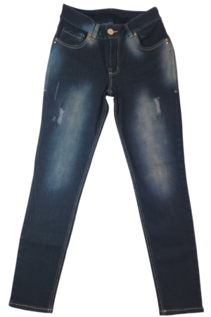 Jeans de mujer corte Slim Fit azul oscuro licrado vista plana frontal con rotos