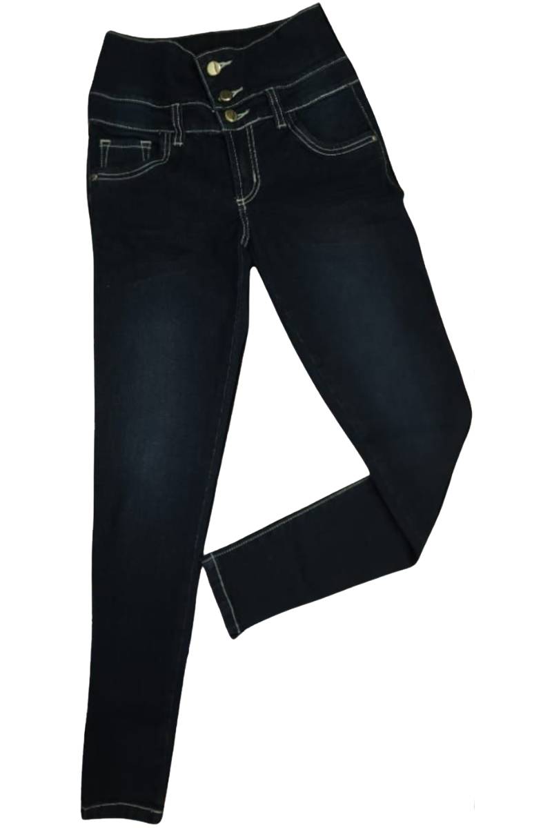 Vista frontal de jeans skinny petróleo con pretina escultural de 3 botones