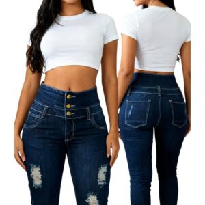 Modelo con jeans skinny azul oscuro, doble pretina escultural y rotos frontales