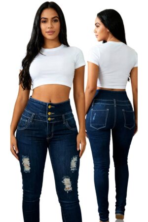 Modelo con jeans skinny azul oscuro, doble pretina escultural y rotos frontales