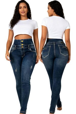 Modelo luciendo jeans skinny dirty oscuro, doble pretina escultural y rotos en las piernas