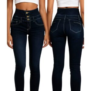 Modelo vistiendo Jeans Skinny Fit color petróleo con doble pretina escultural y efecto levanta cola