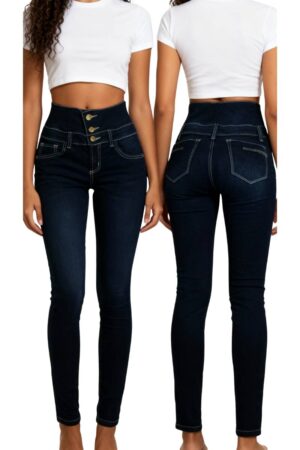 Modelo vistiendo Jeans Skinny Fit color petróleo con doble pretina escultural y efecto levanta cola