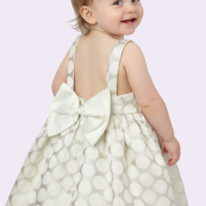 Vestido de bebé talla 3 marfil y dorado espalda con moño y elástico de ajuste