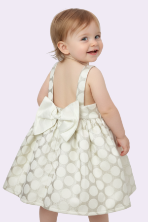 Vestido de bebé talla 3 marfil y dorado espalda con moño y elástico de ajuste