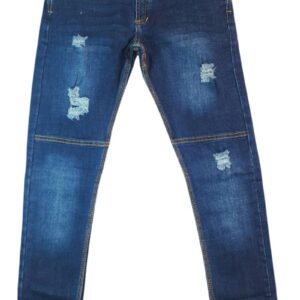 Jeans para niño azul medio con rotos decorativos y lavado localizado frontal