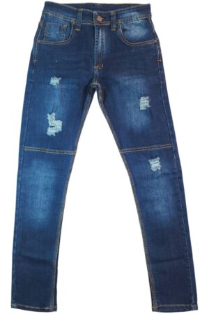Jeans para niño azul medio con rotos decorativos y lavado localizado frontal