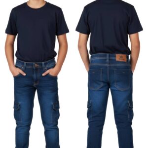 Niño con jeans cargo azul oscuro en tela burda licrada elástica