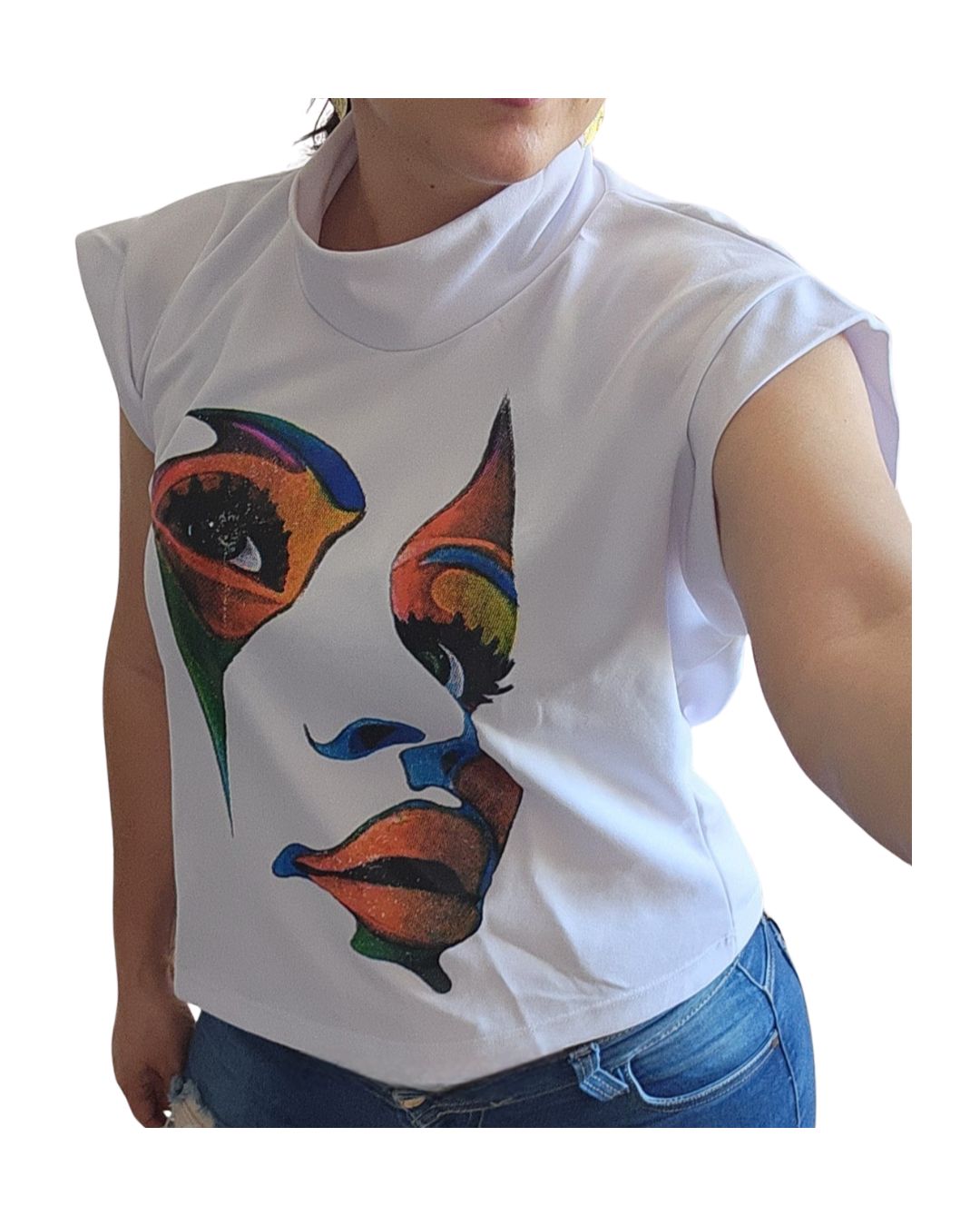 Blusa mujer blanca estampado rostro tipo gamuza