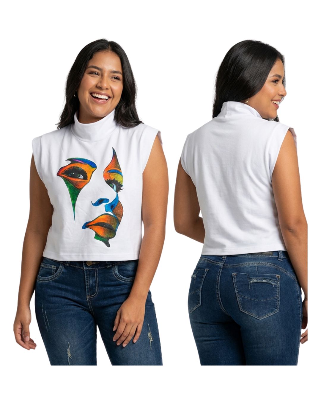 Blusa mujer blanca estampado rostro tipo gamuza