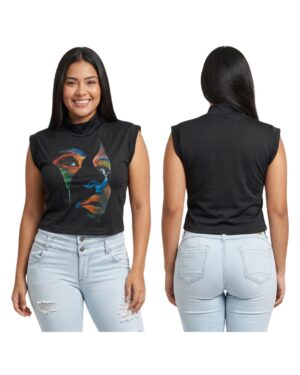 Blusa mujer negra estampado rostro tipo gamuza