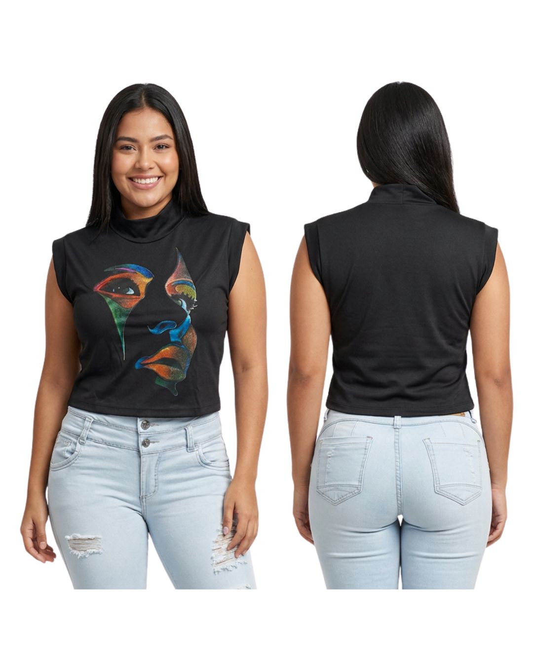 Blusa mujer negra estampado rostro tipo gamuza