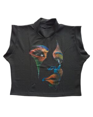 Blusa mujer negro estampado rostro tipo gamuza