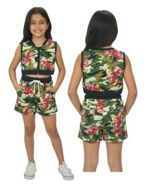 Conjunto niña chaleco y short camuflado floral