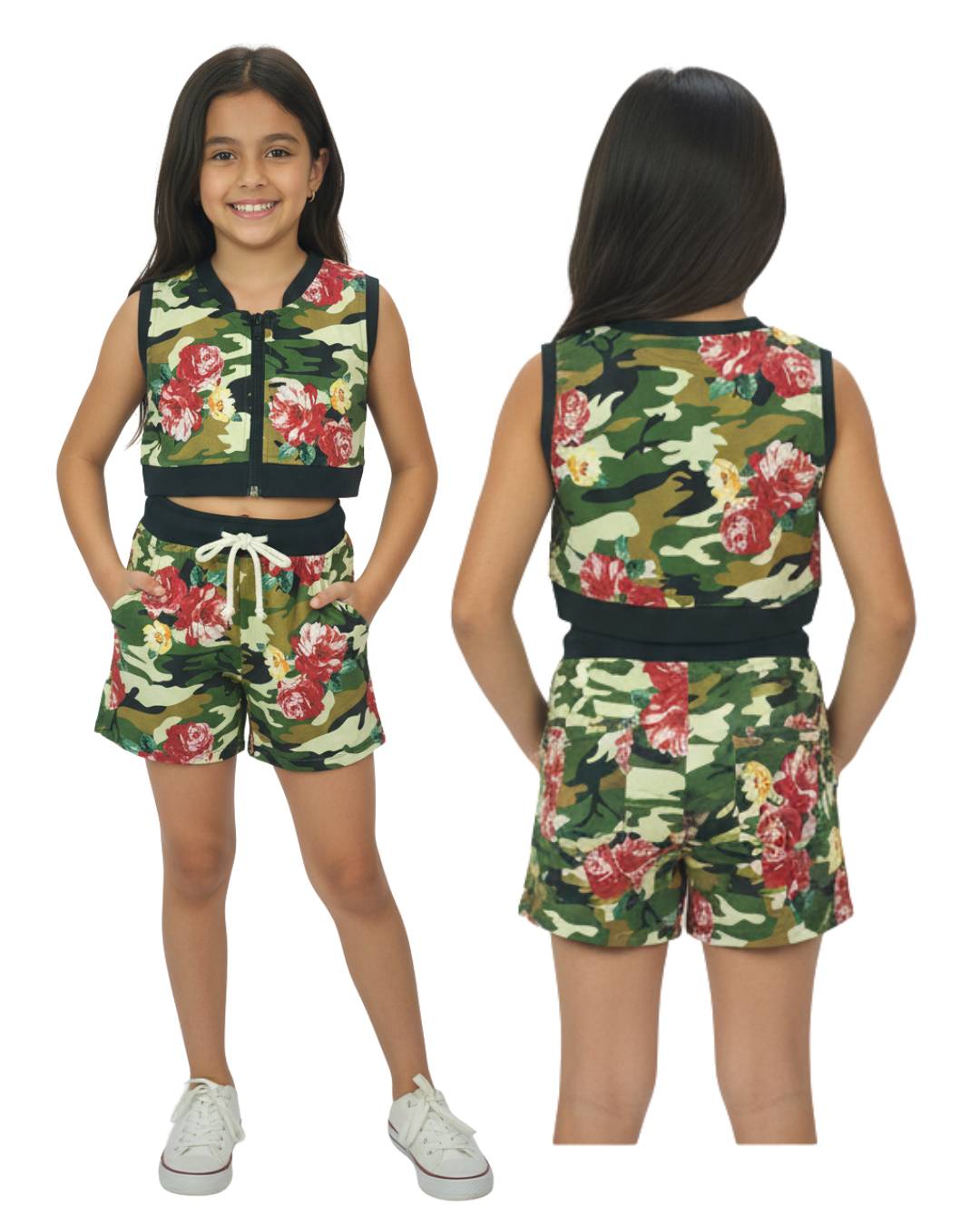 Conjunto niña chaleco y short camuflado floral