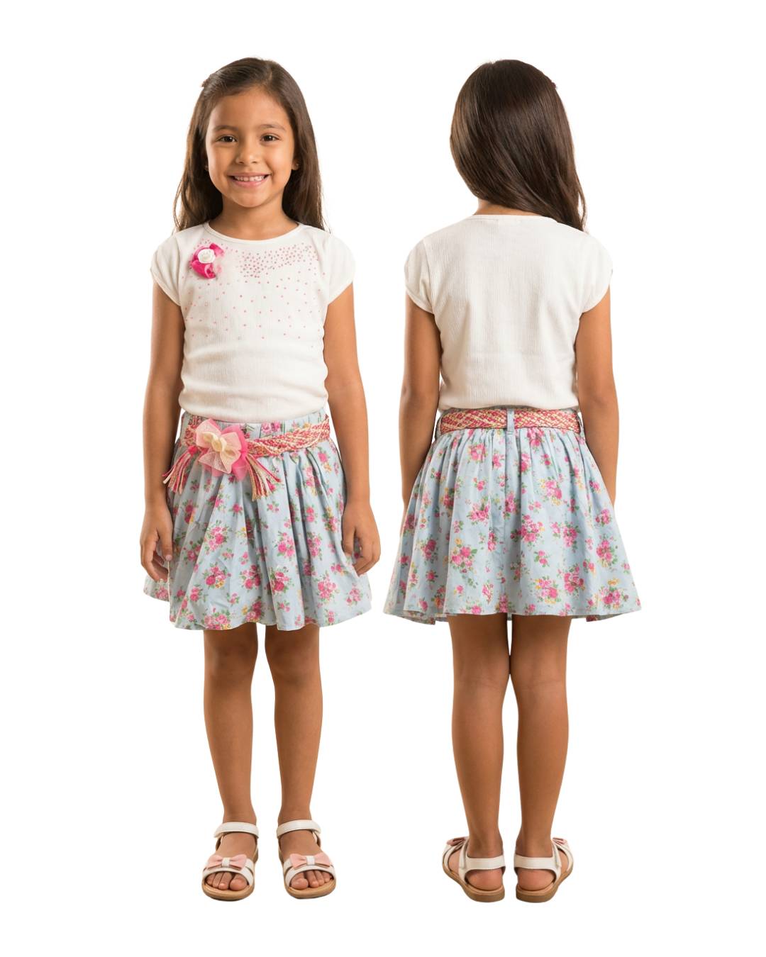 Conjunto niña falda floral azul y blusa marfil