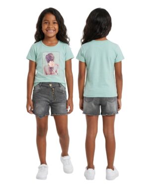 Conjunto niña falda short denim gris
