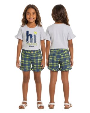 Conjunto niña short verde azul y blusa blanca