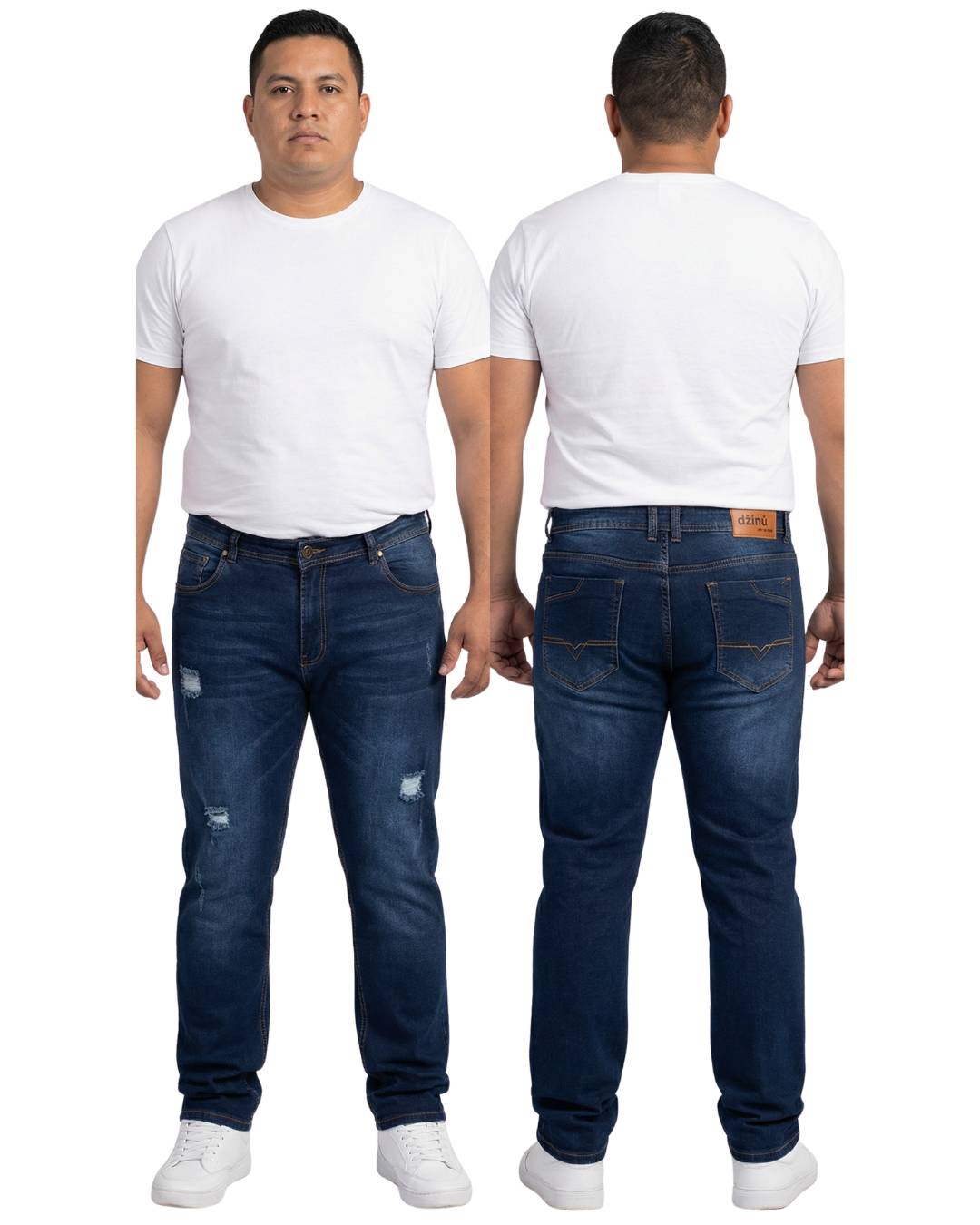 Jean hombre slim azul oscuro con rotos puesto modelo