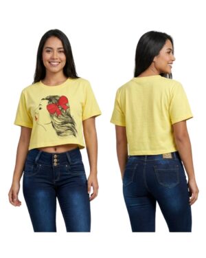 Camiseta mujer amarillo suave estampada