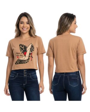 Camiseta mujer camel estampada
