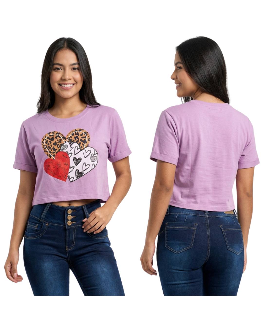 Camiseta mujer lila estampado corazones