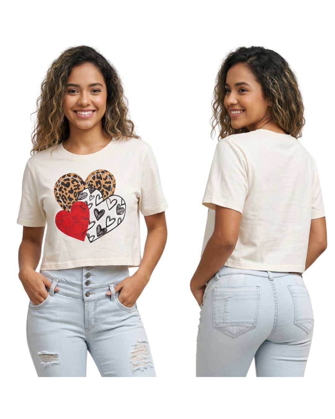 Camiseta mujer marfil estampado corazones