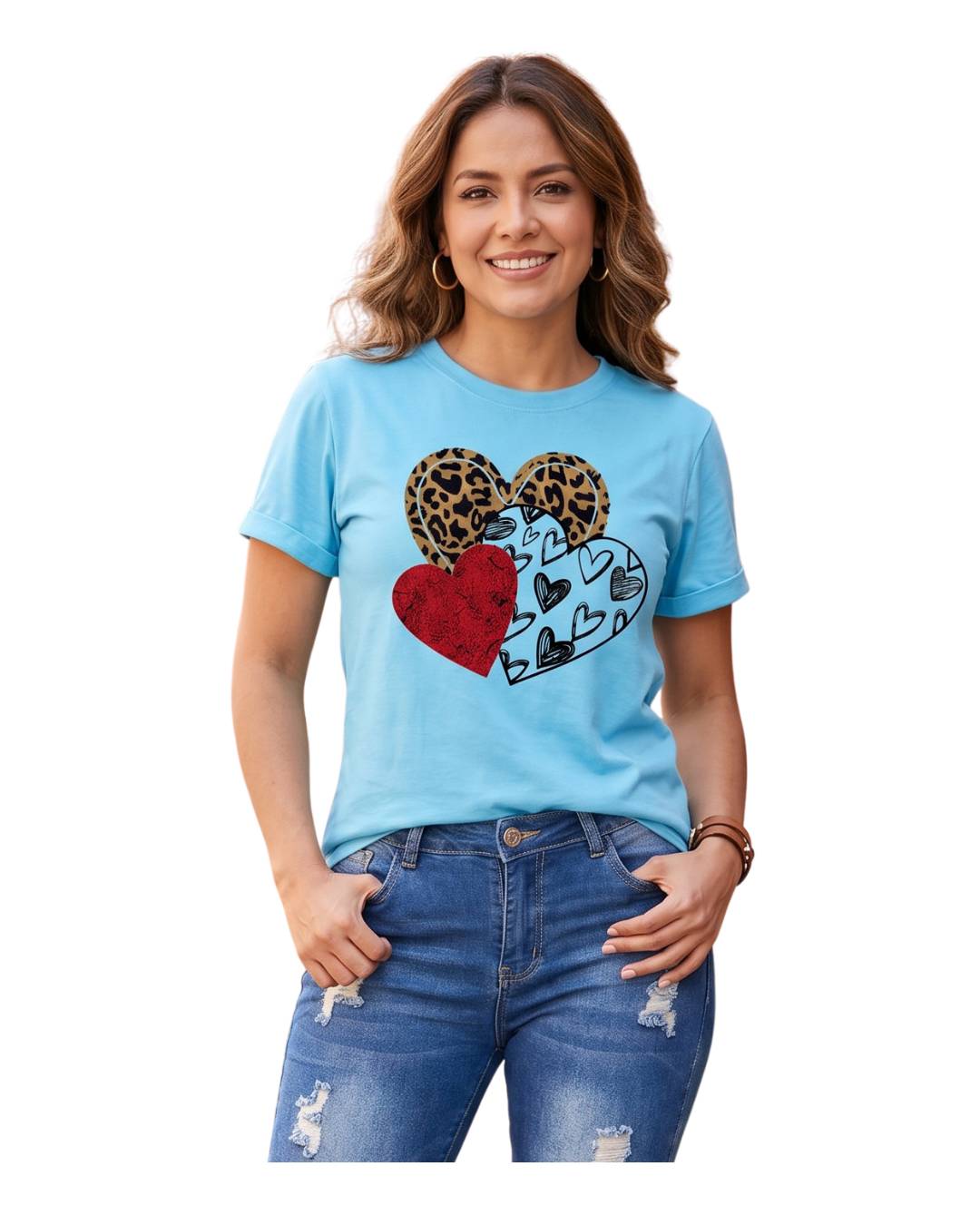 Camiseta mujer azul cielo con estampado de corazones