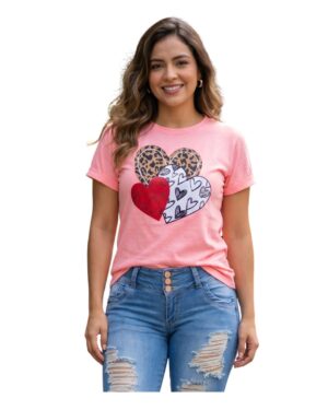 Camiseta mujer rosa con estampado de corazones