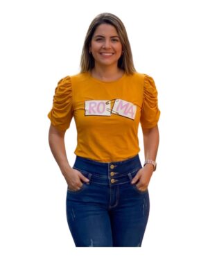 Camiseta mujer mostaza estampada